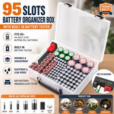 95 Slot Battery Organizer Box w/ Tester AA AAA C D 9V Clear Storage Case