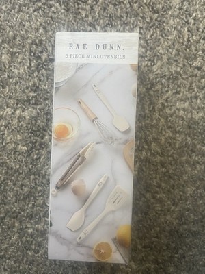 NIB-Rae Dunn Mini Kitchen Utensils Set Baste Mix Stir Flip Spatula 5 Pc-Ivory