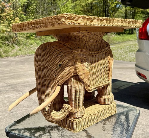 Vintage Large Rattan Natural Wicker Elephant MCM Side End Table 1970s 24" by 16"