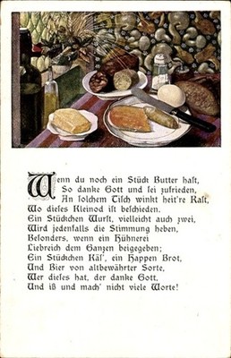 Poem Postcard Still Life with Food, Cucumber, Butter, Cheese, Egg, Sausage,... - 4549460