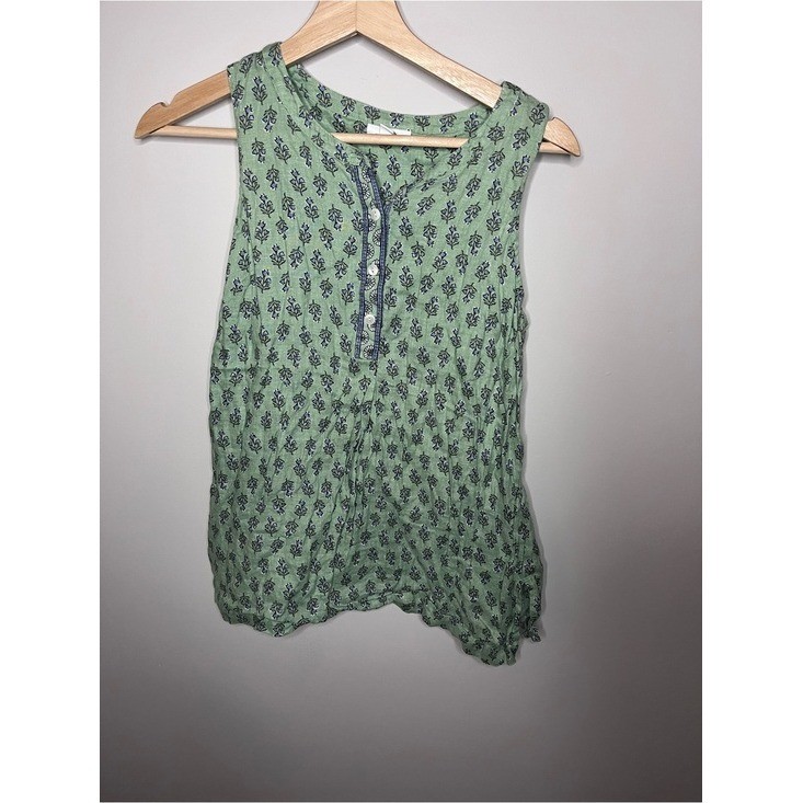 Pure Jill J. Jill Green Floral Linen Henley Tank Top Sleeveless Blouse Petite S