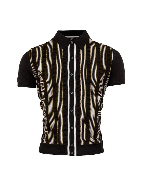 New w/ Tags RELCO LONDON Black Full Button Striped Knitted Polo