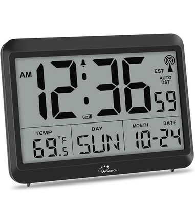 WallarGe Atomic Digital Wall Clock Battery Operated, Self-Setting, Large Display