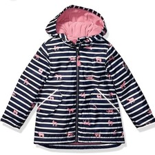 Joules Girl  s Waterproof Raincoat Jacket Navy Stripe with Pink Horses. Size 5y
