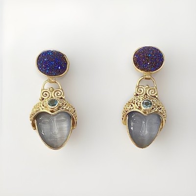 Vintage Sajen 925 Sterling Silver Carved Goddess Face Druzy, Topaz Earrings