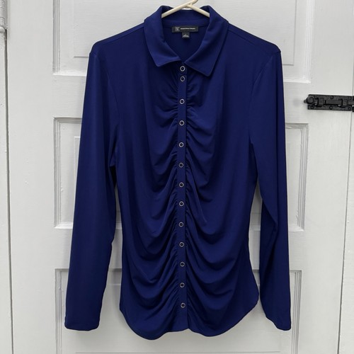 INC International Concepts Women’s L Sapphire Blue Ruched Snap Front Top