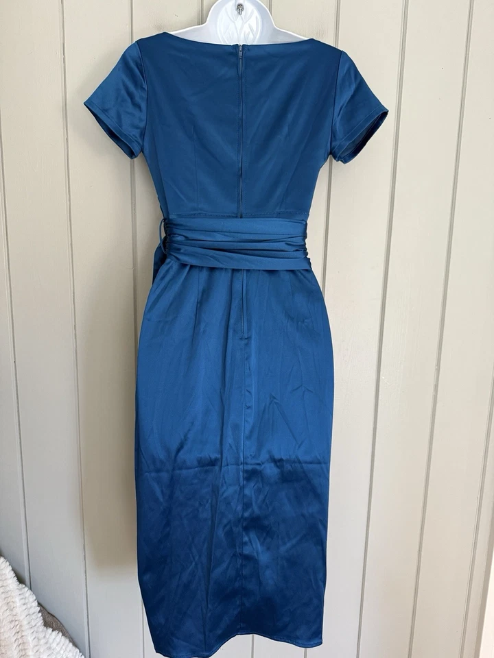 Vestido midi Pinup Couture cetim turquesa retrô lápis Ava XS 50s 60s glam - Imagem 4 de 4