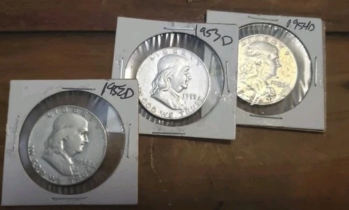 Franklin Half Dollar  1952-D, 1953-D, 1954-D 90% Silver Circulated Coins Bullion