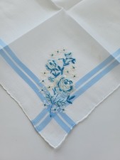 Vintage Ladies Hankie Embroidered Blue And White Floral
