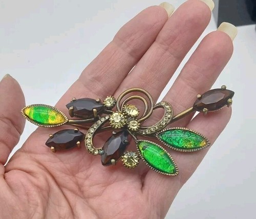 Vtg Joan Rivers Brooch Green Dragons Breath Topaz Brown Glass Rhinestones w/Box - Picture 10 of 13
