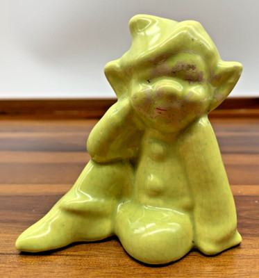 Vintage Lime Green Ceramic Pixie Elf Sitting Sideways Smile MCM 50s EUC