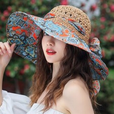 Lady Wide Brim Bucket Hats Cutout Straw Hat Ethnic Floral Printed Beach Cap Chic