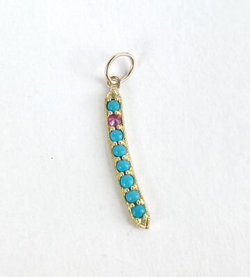 14k Yellow Gold Turquoise Ruby Granulated Feather Stick Style Drop Pendant 1 1/8