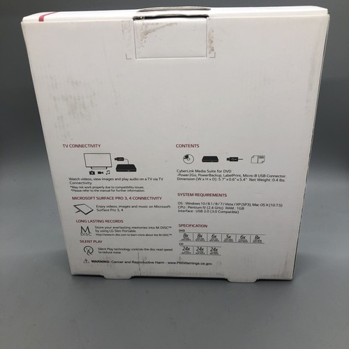 LG Ultra Slim Portable DVD SP80NB80 Writer Mac/Windows Compatible - New In Box - Afbeelding 4 van 5
