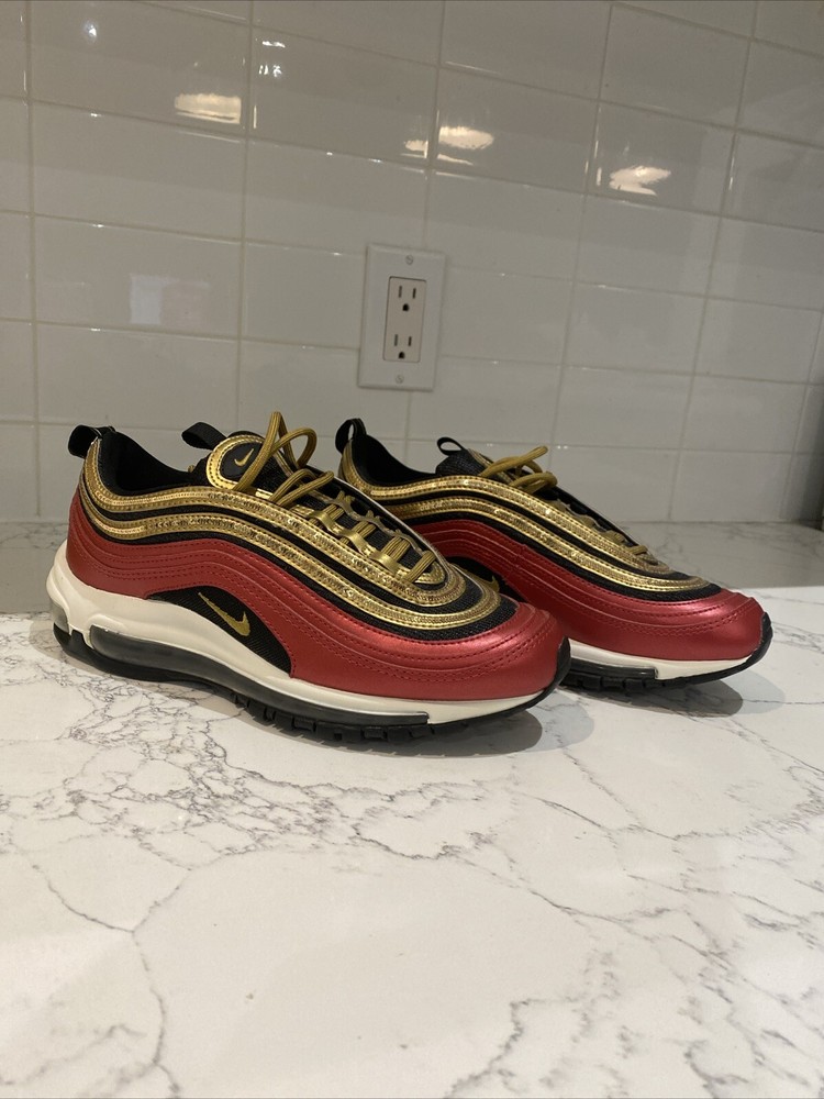 Nike Air Max 97 Red Gold Sequin Womens Size 8 Sneakers