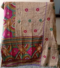 Indian Handmade Kantha Vintage Quilt Twin Gudari Throw Cotton Bedspread Blanket