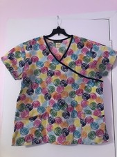 2XL Samantha Mara Medical Scrub Top Scribble Spiral Multi Color Circles Fun LOOK