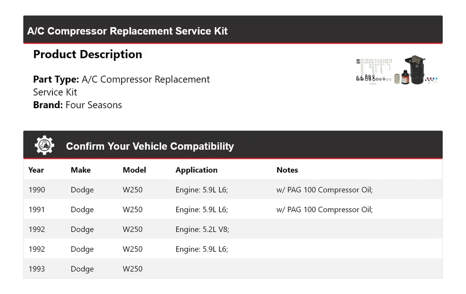 Комплект для замены компрессора кондиционера Dodge W250 1990-1993 годов выпуска 4 сезона 1991 - Изображение 2 из 4
