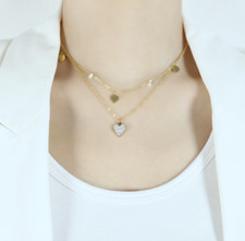 14K Gold Stainless Steel Double Layered Heart CZ Pendant Necklace Gift Box PE46