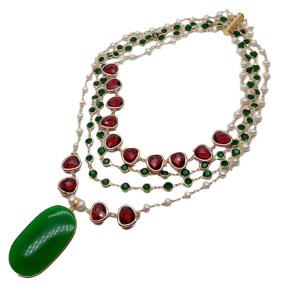 4 Strands Cultured White Pearl Red Crystal Bezel Chain Necklace Jade Pendant