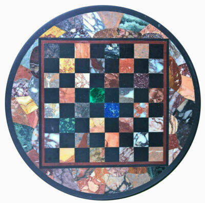 18'' Black Marble Chess Table Top Pietra Dura Inlay Malachite Children Game c19