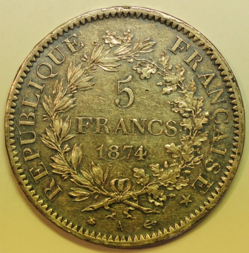 mw29205 France Silver Crown - 5 Francs 1874-A Paris Mint Hercules KM#820.1 - Image 2 of 2