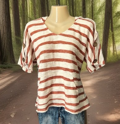 Hooded Nubby Knit Top Size Medium Short Sleeve White Coral Orange Stripe Buttons