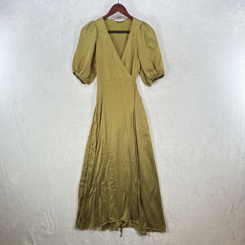 & Other Stories Dress Womens Medium Green Satin Wrap Puff Sleeve Maxi Forest