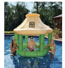 7.5' Cream and Green Tropical Inflatable Swimming Pool Floating Tiki Bar