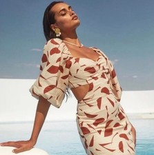 NWTA ASTR The Label Heather Linen Mini Dress Rust Abstract LARGE puff sleeves