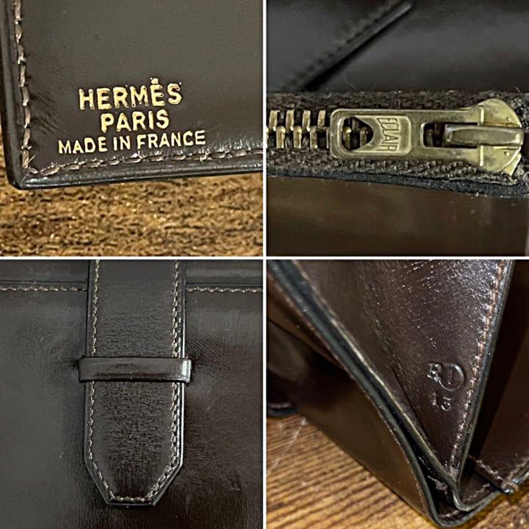 Hermes Vintage Jura Box Calf Wallet Dark Brown Leather Long Compact image 4