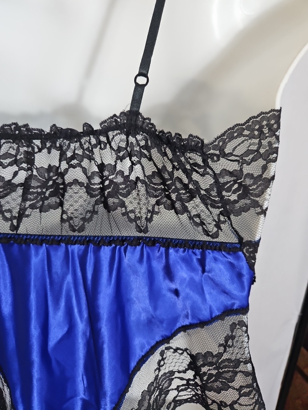 VTG Shirley Of Hollywood Like Liquid Satin Teddy Body suit Sheer Blue Medium 