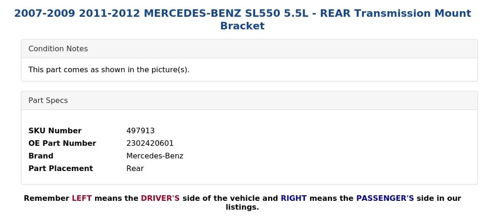 2007-2009 2011-2012 MERCEDES-BENZ SL550 5.5L - REAR Transmission Mount Bracket - Image 4 of 4