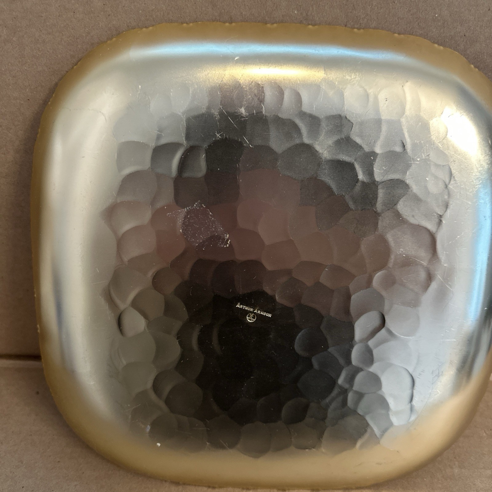 Arthur Armour Hammered Aluminum Gold Tray Tree Church Scene 11-5/8" x 11-5/8"