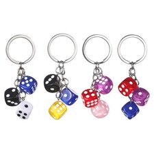 4pcs Lucky Dice Keychain Charm Resin Dice Keyrings with 3 Pendant Mixed Colored