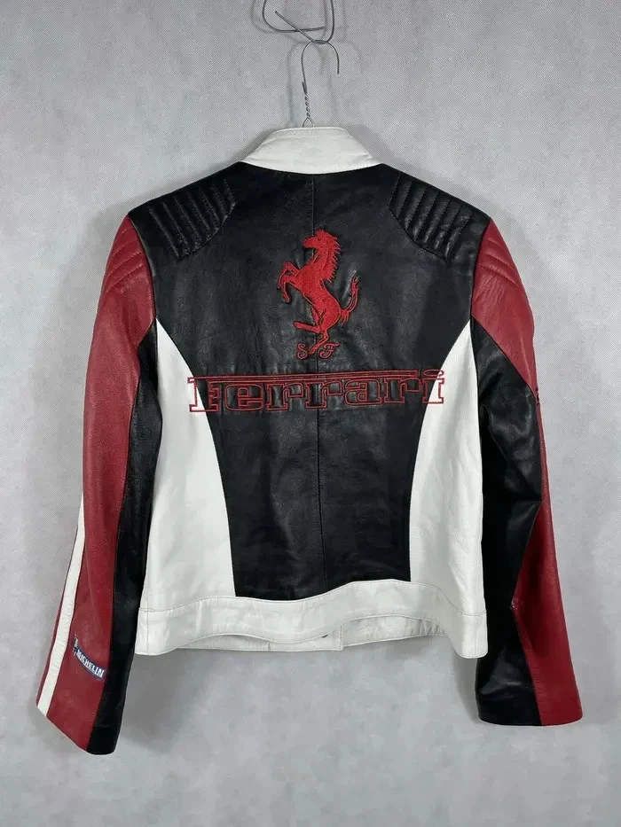 Chaqueta de cuero de vaca genuina Ferrari roja vintage para mujer equipo de motociclista Foto 4 de 4