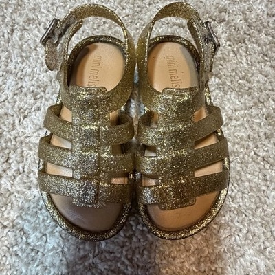 Mini Melissa Girls Gold Glitter Jelly Open Toe Hook & Loop Size 3