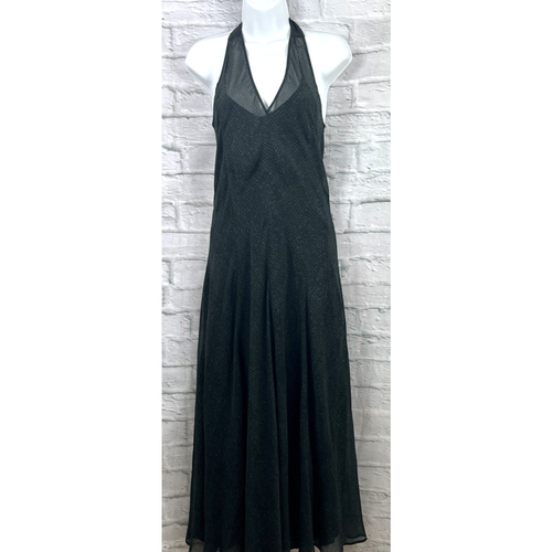 Eileen Fisher Silk Midi Shift Dress Size XS Graphite Grey & Green Chiffon Halter - Picture 2 of 15