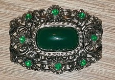 Schmuck Vintage Brosche Jugendstil  silberfarbenes Metall ovaler grüner Cabochon