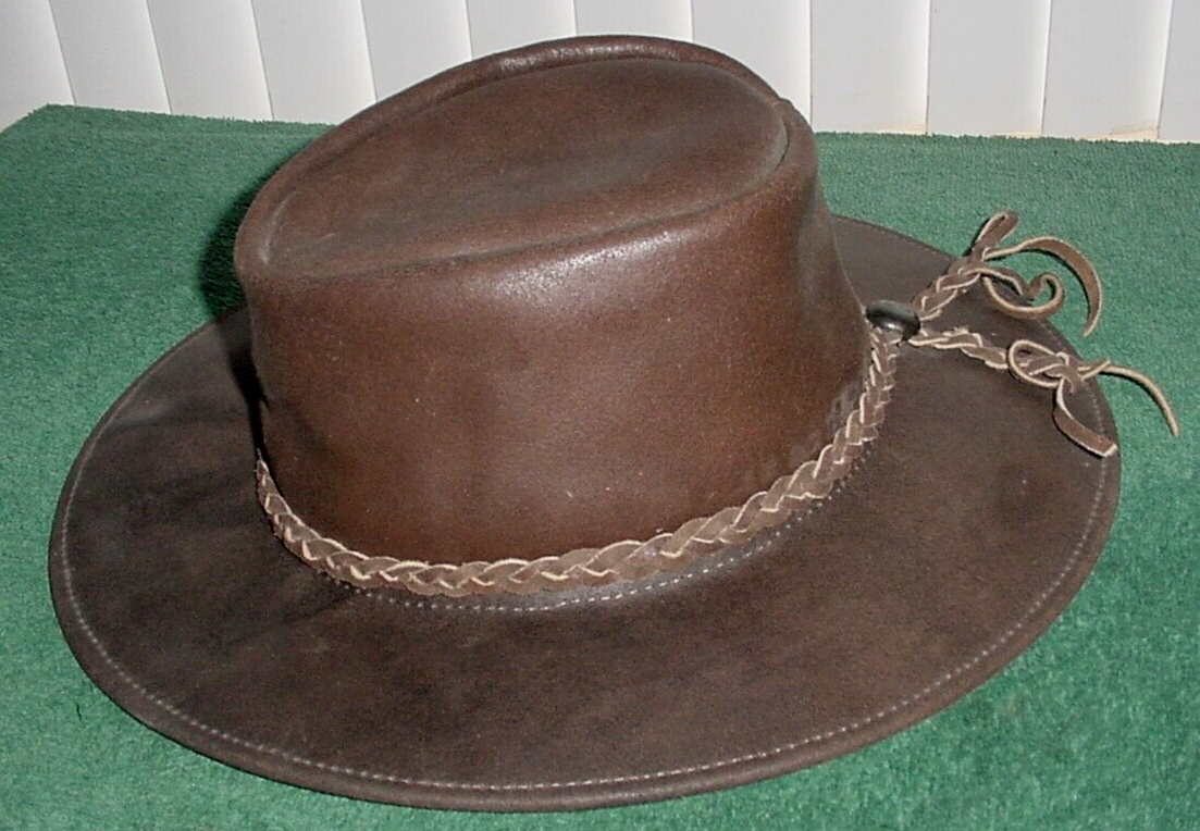 6412 Vintage Brown Leather Cowboy Hat (xl 7½–7⅝ / 60–61 Cm) – Genuine Split Authentic Vintage Brown Leather Cowboy Hat | Shapeable Brim  main image 2