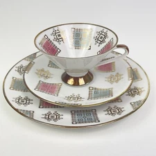 Vintage Bavaria Fine Bone China Gold Blue Pink Tea Cup Saucer Plate Geometric