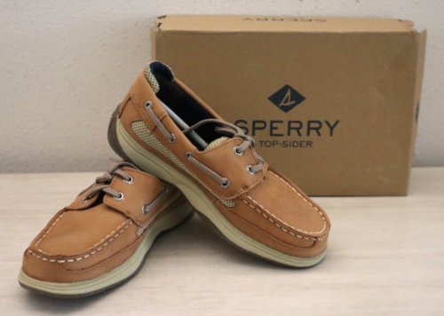 Sperry YB46122A Unisex Kids' Sz 2M Dark Tan/Navy Leather Lanyard Boat Shoes