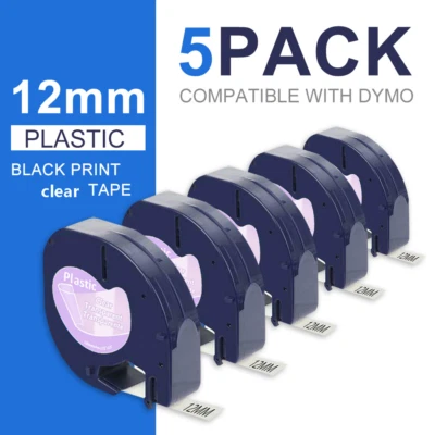 GREATEAM 5PK Compatible Dymo LetraTag 12267 Clear Plastic 12mm Label Tape Refill 16952