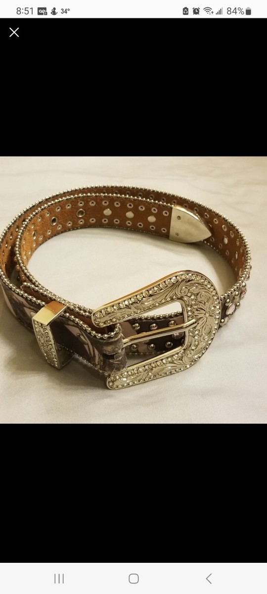 Noona Pink Camo/Rhinestone Leather Belt M Deadstock Nocona Genuine Leather Pink Camo Rhinestone Belt Size 28  main image 3