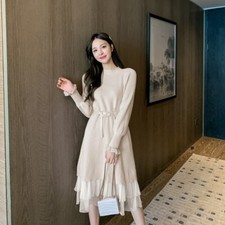 Ladies Ruffles Sweater Dress Knitted Raglan Sleeve Pleated Solid Dress with Belt