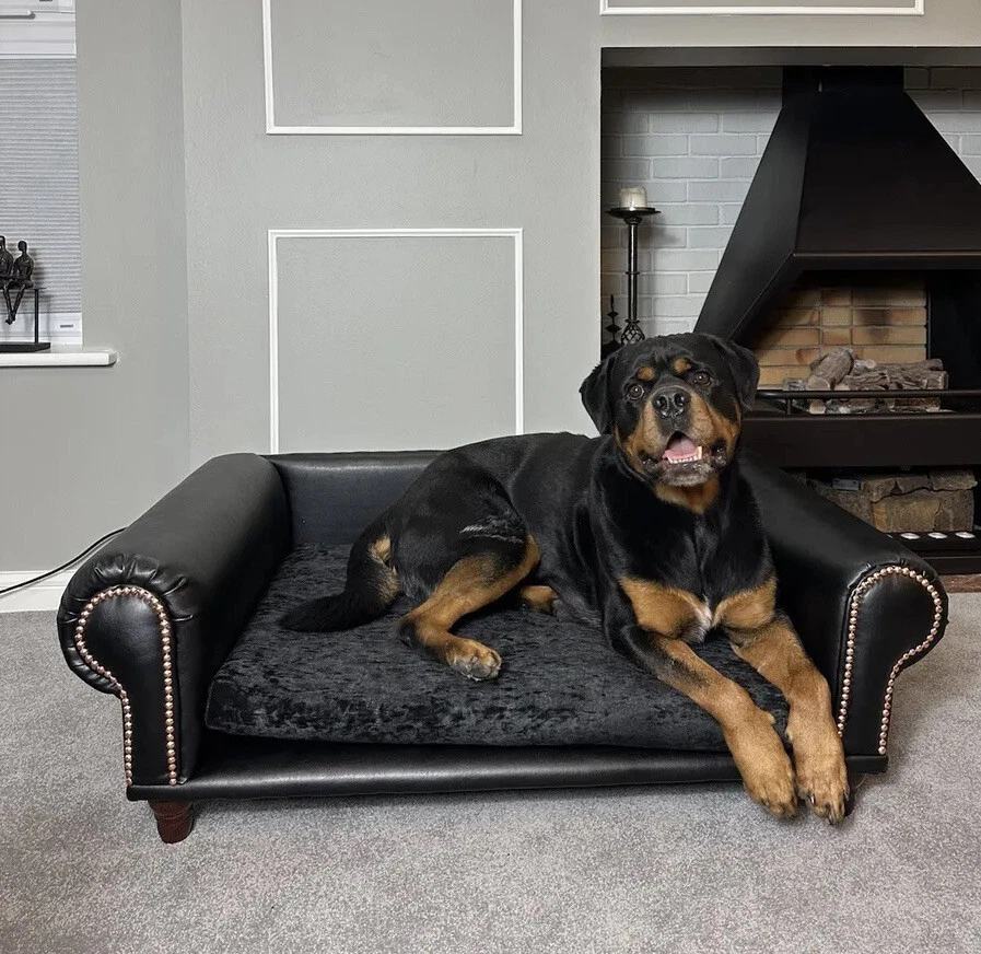 Large black faux Leather dog lounger sofa bed / washable seat. Pet furniture.