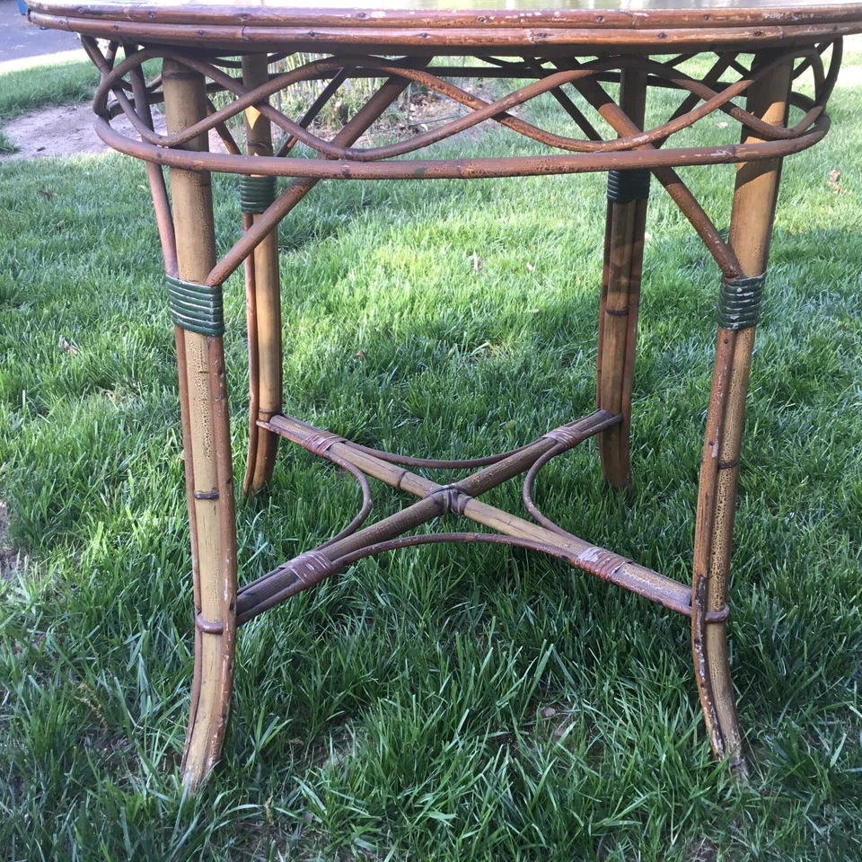 Arts & Crafts Aesthetic Round Wood Table Bamboo Legs &Trim -JB Vansciver Labeled - Image 4 of 4