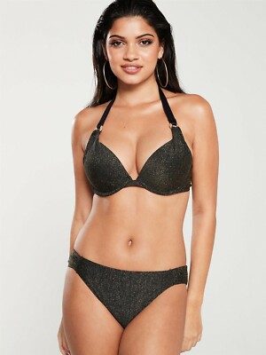 NWT DORINA Muscat 2pc Super PushUp Bikini Top 34C+Bottom XS Black Gold Shimmer