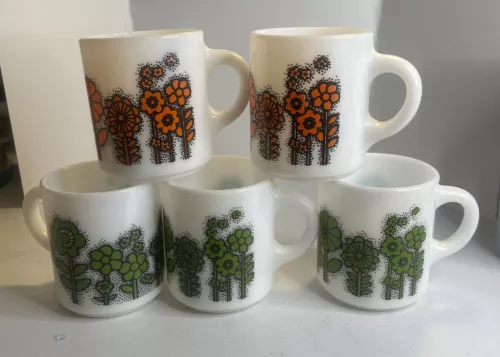 5 Hazel Atlas Milk Glass Floral Mugs