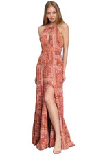 Aakaa Brick Twist Tie Back Tiered Bohemian Maxi Dress DA28082Y
